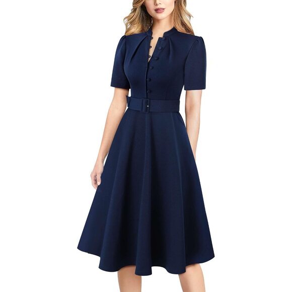 Dresses & Skirts - Women's Navy Blue Fit Flare Midi Dress Polyester Cotton Spandex Work Office